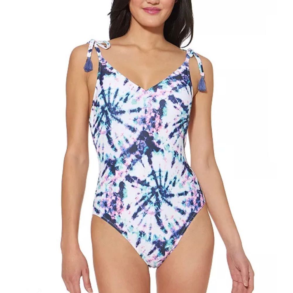 JESSICA SIMPSON Tie-Dyed Tie-Shoulder One-Piece Swimsuit